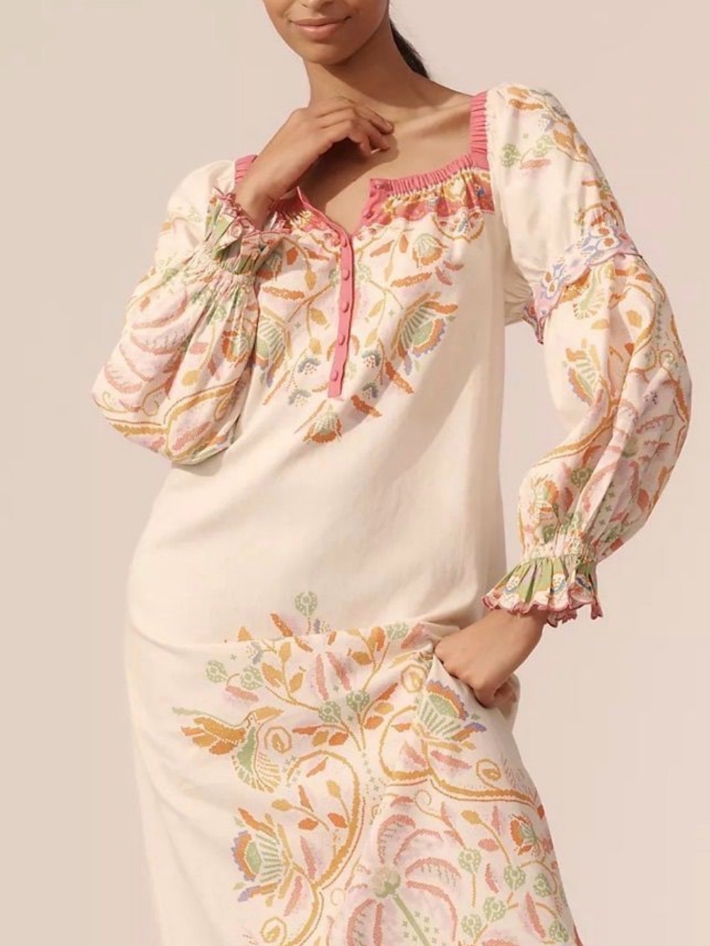 Farm Rio x Anthro Linen Blend Maxi Dress Cream Floral Embroidered Boho Pink Trim